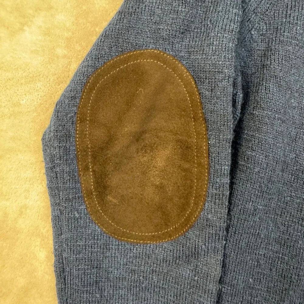 J. Crew Slate Blue Wool Cardigan with Brown Elbow Patches
